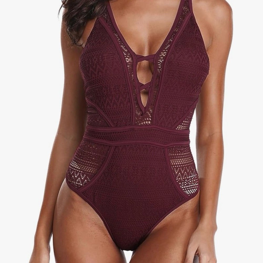 Chic Maroon Lace One-Piece Swimsuit